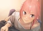  blush brown_eyes commentary_request highres kilye_4421 looking_at_viewer original pink_hair short_hair smile solo 