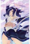  absurdres ainu_clothes amazuyu_tatsuki animal_ears arm_up arms_up bangs blue_hair boots breasts brown_eyes cherry_blossoms cloud cloudy_sky dagger eyebrows_visible_through_hair hair_ornament highres holding kuon_(utawareru_mono) looking_at_viewer medium_breasts obi official_art open_mouth outdoors petals sash scan scarf side_slit sky solo sunlight tail utawareru_mono utawareru_mono:_itsuwari_no_kamen weapon wide_sleeves 