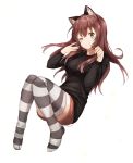  animal_ears black_sweater blush breasts brown_eyes brown_hair cat_ears closed_mouth commentary commission english english_commentary eyebrows_visible_through_hair full_body hands_up highres large_breasts long_sleeves looking_at_viewer mochii one_eye_closed original signature simple_background smile solo striped striped_legwear sweater thighhighs white_background 