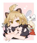  animal_ears blonde_hair blush boots emil_(fafa) extra_ears eyebrows_visible_through_hair kemono_friends lion_(kemono_friends) lion_ears lion_tail lying moose_(kemono_friends) musical_note object_hug on_stomach pillow pleated_skirt short_hair skirt smile solo tail 