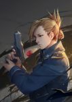  amestris_military_uniform backlighting baraba_baba blonde_hair brown_eyes earrings folded_ponytail fullmetal_alchemist gun handgun highres holding holding_gun holding_weapon jewelry lips military military_uniform nose pistol riza_hawkeye solo trigger_discipline uniform upper_body weapon 