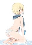  absurdres ass blonde_hair blue_eyes blue_scarf blush breasts convenient_arm emirio_(user_wmup5874) erica_hartmann highres looking_at_viewer looking_back panties scarf small_breasts solo strike_witches topless underwear white_panties world_witches_series 