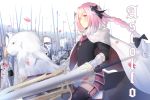  armor army astolfo_(fate) bangs black_bow black_gloves black_ribbon black_shirt blush bow braid buckle cape character_name cherry_blossoms closed_mouth cross eyebrows_visible_through_hair falling_petals fang fate/apocrypha fate_(series) faulds floating_hair full_armor fur-trimmed_cape fur_trim garter_straps gauntlets gloves griffin hair_between_eyes hair_bow hair_ribbon helm helmet knight lance long_hair long_sleeves looking_at_viewer male_focus miamuly motion_blur multicolored_hair on_animal otoko_no_ko pink_eyes pink_hair polearm ribbon riding saddle shirt sideways_glance single_braid sitting smile spear standing streaked_hair weapon white_background white_cape white_hair wind 