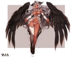  animal_ears baphome black_wings breasts dark_skin demon_girl demon_horns detached_sleeves dripping full_body green_eyes highres horns large_breasts long_hair looking_at_viewer navel original panties pentacle revealing_clothes silver_hair simple_background single_thighhigh smile solo thighhighs tiara underboob underwear vana very_long_hair white_legwear white_panties wings 