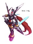  1boy adapted_costume android capcom cape energy_sword full_body helmet holding_weapon inti_creates japanese_texte phantom_(rockman) red_eyes rockman rockman_zero simple_background solo text tonami_kanji weapon white_background 