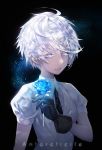  ahoge androgynous antarcticite blue_flower blue_rose character_name eto_(nistavilo2) flower gem_uniform_(houseki_no_kuni) gloves highres houseki_no_kuni necktie rose short_hair silver_eyes silver_hair tears 