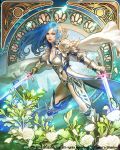  armor blue_hair cape copyright_name derigal dragon's_shadow dual_wielding earrings eudia_(serenity2200) fantasy flower gauntlets greaves hair_flower hair_ornament holding jewelry looking_at_viewer official_art pendant solo standing sword watermark weapon white_cape 