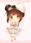  brown_hair chibi closed_mouth commentary commission dress english_commentary frilled_dress frills hair_bun hands_up long_sleeves looking_at_viewer mochii original pink_background pink_dress pink_footwear shoes signature smile solo yellow_eyes 