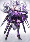  bug butterfly butterfly_hair_ornament butterfly_mask commentary crystal dress gauntlets greaves grey_hair hair_ornament highres insect katana mecha_musume original short_hair single_thighhigh solo sword t-track thighhighs weapon 