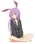  alternate_costume animal_ears bangs barefoot black_hoodie bunny_ears crossed_legs hood hoodie leon_(mikiri_hassha) long_hair long_sleeves looking_to_the_side moon_rabbit purple_hair red_eyes reisen_udongein_inaba sitting solo touhou white_background 