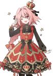  ;d astolfo_(fate) bangs big_hair black_bow black_legwear bow braid brooch center_frills collar commentary_request cowboy_shot crown dot_nose dress dress_bow eyebrows_visible_through_hair fang fate/apocrypha fate_(series) frilled_collar frilled_dress frills gold_trim gown hair_between_eyes hair_bow hair_intakes hand_up head_tilt jewelry layered_dress leopardtiger lolita_fashion long_hair long_sleeves looking_at_viewer male_focus multicolored multicolored_clothes multicolored_dress one_eye_closed open_mouth otoko_no_ko pantyhose pink_hair print_dress puffy_long_sleeves puffy_sleeves purple_eyes red_bow ribbed_dress ribbon ribbon-trimmed_dress short_dress simple_background single_braid smile solo standing standing_on_one_leg star striped striped_bow striped_dress vertical-striped_dress vertical_stripes white_background yellow_ribbon 