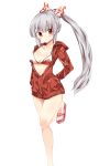  bangs bare_legs bikini bikini_top bow breasts collarbone fujiwara_no_mokou hair_bow hands_in_pockets highres hood hood_down hoodie leg_up long_hair looking_at_viewer maturiuta_sorato medium_breasts ponytail red_eyes sandals shiny shiny_skin silver_hair simple_background solo standing standing_on_one_leg swimsuit toenail_polish touhou very_long_hair white_background white_bikini zipper 