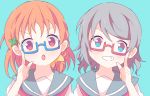  :o adjusting_eyewear akashia_(akasia313) bespectacled blue-framed_eyewear bow braid clover_hair_ornament glasses grey_hair grin hair_bow hair_ornament index_finger_raised looking_at_viewer love_live! love_live!_sunshine!! multiple_girls orange_hair red-framed_eyewear school_uniform semi-rimless_eyewear serafuku short_hair side_braid smile takami_chika under-rim_eyewear upper_body v-shaped_eyebrows watanabe_you yellow_bow 