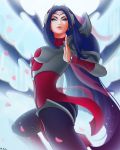  armor ass black_legwear blade blue_eyes blue_hair breasts cowboy_shot drawing half-closed_eyes highres irelia league_of_legends lips looking_at_viewer mcdobo solo weapon 