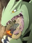  drooling fangs kissing nintendo oral_vore pok&eacute;mon pok&eacute;mon_(species) saliva size_difference tongue tongue_out typhlosion tyranitar video_games vore waffle_(artist) 