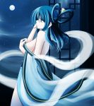  absurdres alternate_costume bare_back bare_shoulders blue_eyes blue_hair breasts commentary_request full_moon hair_ornament hair_rings hair_stick highres hisin japanese_clothes kaku_seiga kimono looking_to_the_side medium_breasts medium_hair moon shawl sideboob solo standing touhou undressing 