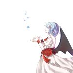 bat_wings black_wings blue_flower blue_hair closed_mouth commentary_request cowboy_shot dress flower frilled_sleeves frills from_side hair_over_eyes hidden_eyes no_hat no_headwear pointy_ears profile puffy_short_sleeves puffy_sleeves remilia_scarlet short_hair short_sleeves shouzuo solo touhou white_dress wings 
