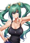  :d aqua_hair arm_up armpits bangs bell black_tank_top blue_eyes breasts cleavage collarbone covered_nipples cui_yifei dog_tags grin hair_bell hair_ornament hand_on_hip jingle_bell kengzeta large_breasts lips long_hair muvluv open_mouth simple_background smile solo teeth thumbs_down twintails upper_body v-shaped_eyebrows very_long_hair white_background 
