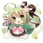  :d ahoge apron bad_id bad_pixiv_id bangs black_hat black_ribbon black_skirt blush bow cake cherry cherry_blossom_print chibi eyebrows_visible_through_hair fang flower food frilled_apron frilled_kimono frilled_skirt frilled_sleeves frills fruit full_body ghost_tail green green_eyes green_hair green_kimono hair_between_eyes hair_flower hair_ornament hair_ribbon hat himetsuki_luna holding holding_tray japanese_clothes kimono long_hair long_sleeves looking_at_viewer open_mouth parfait pink_bow pink_flower pleated_skirt print_kimono ribbon short_kimono skirt sleeves_past_fingers sleeves_past_wrists smile soga_no_tojiko solo swiss_roll tate_eboshi touhou tray wa_maid wafer_stick waist_apron white_apron white_background wide_sleeves 