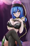  artist_name bare_shoulders black_shirt blue_eyes blue_hair blush bra breasts chain cleavage clothes_writing collar collarbone crossed_legs dark_background dated earth_(ornament) hand_on_own_chest hecatia_lapislazuli highres hisin large_breasts medium_hair moon_(ornament) multicolored multicolored_clothes multicolored_skirt off-shoulder_shirt off_shoulder shirt signature skirt smile standing t-shirt thighhighs touhou underwear 