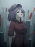  black_ribbon blue_eyes blurry blurry_background breasts collar collared_shirt commentary_request fang highres looking_up medium_breasts miyako_yoshika open_mouth outdoors rain ribbon shirt short_hair short_sleeves solo teraguchi touhou upper_body 
