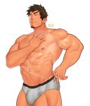  1boy abs bara brown_hair bulge crotch facial_hair male_focus muscle nipples pecs solo sweat topless underwear yuatari 