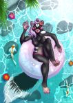  2018 anthro bikini breasts chest_tuft claws clothed clothing eyewear female fish foxene hair koi mammal marine navel nipples partially_submerged pink_hair skunk solo spotted_skunk sunglasses swimsuit toe_claws topless tuft water 
