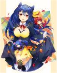  akatsuki_yakyou autumn_leaves bad_leg black_legwear blue_hair blue_neckwear blue_skirt breasts character_request chibi cleavage curtsey hair_between_eyes hair_over_one_eye highres hydreigon large_breasts leaf long_hair multiple_girls necktie personification pokemon red_eyes skirt skirt_hold standing twintails typhlosion 