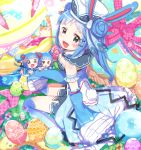  :d :o animal_ears armband azumarill black_eyes blue_hair blue_legwear blush bow breasts bunny_ears cleavage detached_sleeves double_bun egg egg_hair_ornament food_themed_hair_ornament fuwasn1545 hair_bun hair_ornament hairclip hat highres long_hair looking_at_viewer marill multiple_girls open_mouth personification pink_ribbon pokemon ribbon small_breasts smile tail wide_sleeves 