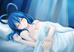  absurdres blue_hair blush breasts cleavage closed_eyes commentary_request curtains highres hisin holding_hands kaku_seiga large_breasts looking_at_viewer lying medium_hair naked_sheet nude on_bed out_of_frame pillow pov pov_hands smile solo_focus touhou 