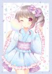  ;o bangs blue_kimono blush bow brown_hair commentary_request cotton_candy eyebrows_visible_through_hair food frilled_sleeves frills hair_bow hands_up heart himetsuki_luna holding holding_food japanese_clothes kimono long_sleeves looking_at_viewer obi one_eye_closed original parted_lips pennant polka_dot purple_bow red_eyes sash short_kimono side_ponytail sidelocks sleeves_past_wrists solo star string_of_flags striped striped_background vertical-striped_background vertical_stripes wide_sleeves 