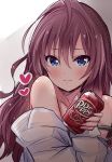  :3 bare_shoulders blue_eyes blush brown_hair can commentary_request copyright_name dr_pepper ichinose_shiki idolmaster idolmaster_cinderella_girls long_hair looking_at_viewer shineka shirt simple_background soda soda_can solo white_shirt 
