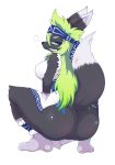  2017 anthro black_fur black_nose blush butt canine clothed clothing crouching female fur green_hair hair looking_at_viewer mammal neguchi69 simple_background solo white_background white_fur 
