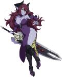  absurdres black_sclera breasts choker cleavage demon_girl demon_horns demon_tail dress fearless_night full_body greaves hell_princess highleg highleg_dress highres horns huge_weapon large_breasts lips long_hair no_wings pelvic_curtain pointy_ears purple_dress purple_skin red_hair reverse_grip smile solo spike_wible tail transparent_background weapon yellow_eyes 