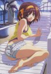  ass bad_feet barefoot breast_hold breasts brown_hair chair feet hair_ribbon highres lounge_chair medium_breasts megami nishiya_futoshi ribbon scan short_hair short_shorts shorts sideboob soles solo suzumiya_haruhi suzumiya_haruhi_no_yuuutsu toes 