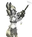  african_wild_dog_(kemono_friends) african_wild_dog_print animal_ears bodystocking bullpup casing_ejection commentary_request cowboy_shot dog_ears dog_tail eyebrows_visible_through_hair fingerless_gloves from_side gas_mask gloves gomu gun hands_up headset holding holding_gun holding_weapon kemono_friends long_sleeves mask p90 reloading shell_casing shirt short_hair short_sleeves shorts simple_background smoke smoking_gun solo standing submachine_gun suppressor tail thigh_pouch weapon white_background 