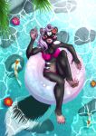  2018 anthro bikini breasts chest_tuft claws clothed clothing eyewear female fish foxene hair koi mammal marine navel partially_submerged pink_hair skunk solo spotted_skunk sunglasses swimsuit toe_claws tuft water 