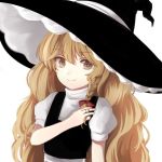  big_hair blonde_hair braid commentary flat_chest hat highres kirisame_marisa long_hair looking_at_viewer playing_with_own_hair puffy_short_sleeves puffy_sleeves short_sleeves side_braid single_braid smile solo touhou very_long_hair vest wavy_hair witch_hat yellow_eyes yururi_nano 