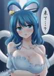  1girl :o blue_dress blue_eyes blue_hair blush breast_lift breasts cleavage commentary_request detached_sleeves dress hair_ornament hair_rings hair_stick head_tilt highres hisin jewelry kaku_seiga large_breasts looking_at_viewer medium_hair puffy_detached_sleeves puffy_sleeves ring short_sleeves solo speech_bubble strapless strapless_dress touhou translation_request vest wedding_band 