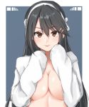  alternate_costume ame-rain black_hair breasts brown_eyes hair_between_eyes hair_ornament hairband hairclip haruna_(kantai_collection) highres kantai_collection large_breasts long_hair naked_shirt open_clothes open_shirt shirt sleeves_past_wrists smile solo white_hairband white_shirt 