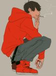  brown_hair cigarette dark_hair hoodie male male_focus osomatsu-san red_hoodie red_top smoking solo 