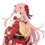  aiko_(kanl) aqua_eyes bangs darling_in_the_franxx eyebrows_visible_through_hair eyeshadow floral_print flower hair_flower hair_ornament holding horns japanese_clothes kimono long_hair long_sleeves looking_at_viewer looking_back makeup obi pink_hair sash simple_background solo straight_hair upper_body white_background yukata zero_two_(darling_in_the_franxx) 