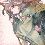  armor blush bow_(weapon) closed_mouth fleeing gloves grey_hair itomugi-kun japanese_clothes kantai_collection kimono long_hair long_sleeves looking_at_viewer red_eyes remodel_(kantai_collection) simple_background smile solo weapon white_background zuihou_(kantai_collection) 