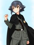  anchovy anchovy_(cosplay) anzio_military_uniform bangs belt black_belt black_hair black_shirt blue_background braid brown_eyes cape clenched_hand commentary cosplay cowboy_shot dress_shirt eyebrows_visible_through_hair girls_und_panzer gradient gradient_background grey_jacket grey_pants grin highres jacket long_sleeves looking_to_the_side military military_uniform pants pepperoni_(girls_und_panzer) ruka_(piyopiyopu) sam_browne_belt shirt short_hair side_braid smile solo standing uniform v-shaped_eyebrows 