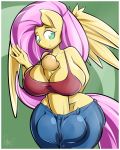  2018 absurd_res anthro border clothed clothing crossgender dickgirl digital_media_(artwork) equine feathered_wings feathers fluttershy_(mlp) friendship_is_magic hair hand_behind_back hi_res humanoid_penis intersex long_hair mammal my_little_pony pegasus penis sanders solo white_border wings 