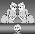  ambiguous_gender animal_crossing anthro april_fool&#039;s_day bear big_breasts bottomless breasts cleavage clothed clothing dakkpasserida eyewear female fur glasses group hair human leaning leaning_forward mammal monochrome nintendo paula_(animal_crossing) shirt simple_background smile square_crossover thinking unzipped unzipping video_games villager_(animal_crossing) 