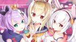 :&lt; :p animal_ears ayanami_(azur_lane) azur_lane bangs bare_shoulders black_ribbon blonde_hair blurry blurry_background bunny_ears capriccio closed_mouth crepe crown depth_of_field double_scoop eyebrows_visible_through_hair food gloves green_eyes hair_between_eyes hair_ornament hair_ribbon hairband head_tilt headgear holding holding_food ice_cream ice_cream_cone jacket javelin_(azur_lane) laffey_(azur_lane) long_hair long_sleeves looking_at_viewer looking_back mini_crown multiple_girls pink_jacket ponytail purple_hair red_eyes red_hairband ribbon shirt sidelocks silver_hair sleeveless sleeveless_shirt sleeves_past_wrists strap_slip tongue tongue_out twintails white_camisole white_gloves white_shirt 