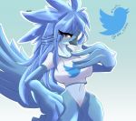  2019 absurd_res alesarox anthro areola avian beak big_breasts bird blue_feathers blush breasts clothing digital_media_(artwork) feathered_wings feathers female hi_res huge_breasts looking_at_viewer meme non-mammal_breasts one_eye_closed open_beak open_mouth pussy solo tweetfur twitter winged_arms wings 