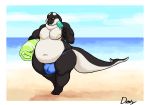  2016 anthro beach border bulge candy carrying cetacean clothing dusty-pixels eyewear fangs food male mammal marine musclegut muscular muscular_male navel nipples obese orca overweight overweight_male seaside signature smile solo standing sunglasses swimsuit thick_thighs whale white_border 