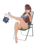  bare_arms bare_legs bare_shoulders barefoot blush bracelet breasts brown_hair chair cleavage closed_mouth cup eyebrows_visible_through_hair feet folding_chair full_body gaoerji hair_bun hair_ornament hair_stick highres holding holding_cup jewelry large_breasts leg_up looking_at_viewer mei_(overwatch) overwatch purple_swimsuit red_eyes short_hair simple_background sitting snowball_(overwatch) soles spoon_in_mouth swimsuit toes towel towel_around_neck white_background 